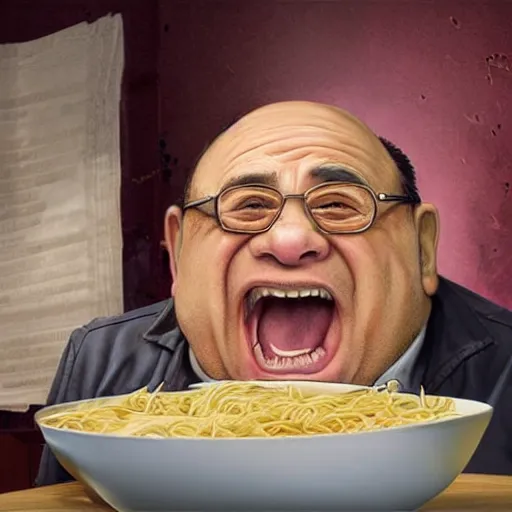 Image similar to hyperrealistic mixed media high resolution image of Danny DeVito screaming at a bowl of noodles, stunning 3d render inspired art by István Sándorfi and Greg Rutkowski and Unreal Engine, perfect symmetry, dim volumetric lighting, 8k octane beautifully detailed render, post-processing, extremely hyper-detailed, intricate, epic composition, highly detailed attributes, highly detailed atmosphere, full body shot, cinematic lighting, masterpiece, trending on artstation, very very detailed, masterpiece, stunning, flawless structure, lifelike texture, perfection,