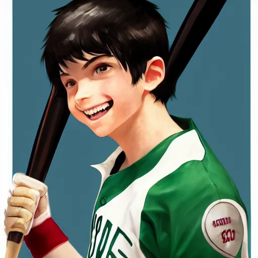 Image similar to a teen boy with black hair and green eyes in a baseball uniform clutching a baseball bat while smiling. Kuvshinov ilya. Geoffroy Thoorens.