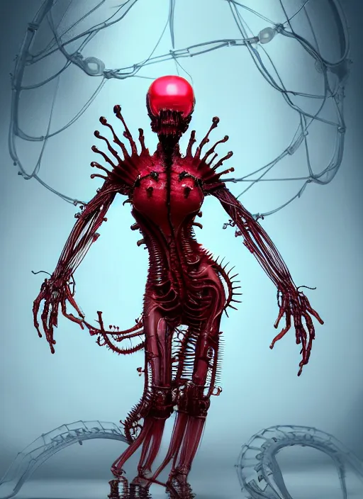 Image similar to gothic inflateble baroque puffy red dress, perfect symmetrical body, helmet on face, full body shot, alien, plant predator, guyver, giger, wires, tubes, veins, jellyfish, white biomechanical details, wearing epic bionic cyborg implants, masterpiece, intricate, biopunk, vogue, highly detailed, artstation, concept art