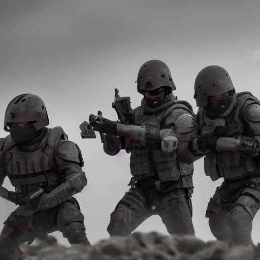 Image similar to Mercenaries wearing grey body armor and FAST-MT combat helmets fighting a bloody battle, photo by Adam Ferguson, Pulitzer Winning, cinematic composition, breathtaking, modern, 8k, taken in 2022