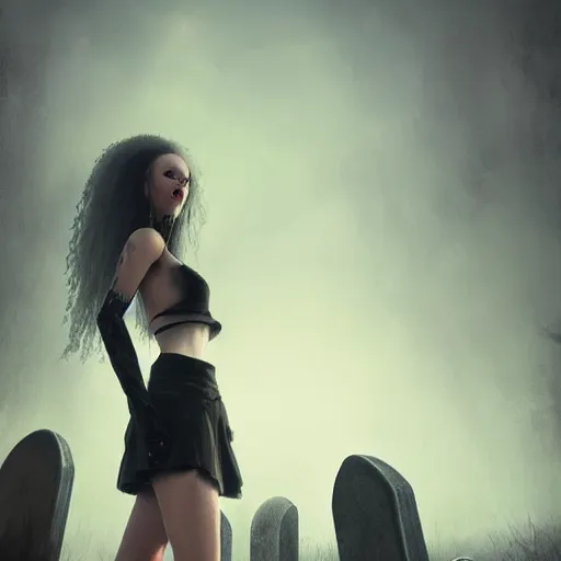 Prompt: kerli koiv the craft mini skirt crop top standing in cemetery, gothic, darkwave, darksynth, concept art, sharp, digital matte painting, art by greg rutkowski, wlop, dramatic lighting, trending on artstation