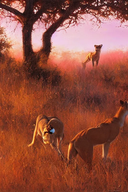 Prompt: spiritual twin flame lioness hunting deer art, pink sunset hue, highly detailed, oil painting hue, by craig mullins