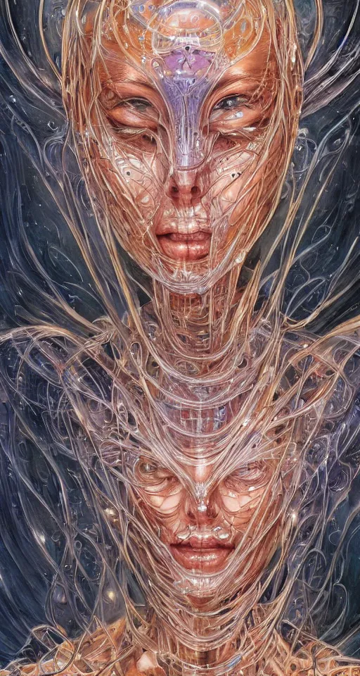 Prompt: a robotic goddess with transparent skin, robotic a fine wiring skeleton, highly detailed, digital painting, smooth, sharp, beautiful face, expressive eyes, highly intricate, art by Boris Vallejo and H.R. Giger