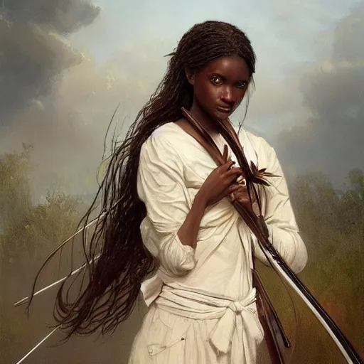 Prompt: artstation concept of a beautiful girl holding a bow and arrow, brown skin, sweaty skin, symmetrical face, casual white garment, white desert background, shiny colorful, hyperdetailed, artstation trending, world renowned artists, worth1000.com, cgsociety, by greg rutkowski, by Gustave Doré, Deviantart