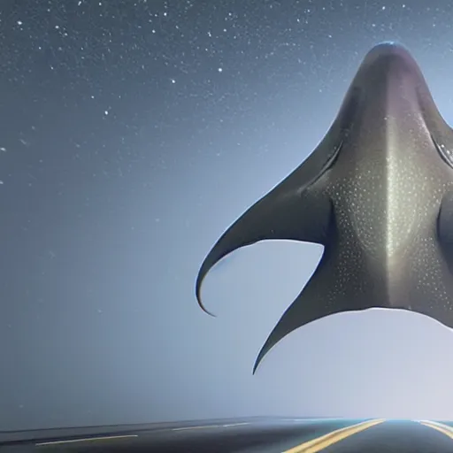 Prompt: old camera footage of a hyperintelligent otherworldly manta ray alien from beyond the stars landing in the middle of a busy road, wearing an odd hooded cowl, with skin that twinkles like the stars, cgi, proper anatomy, sci fi fantasy, photorealistic, pixar, trending on artstation