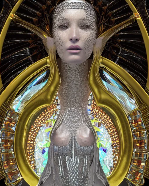 Image similar to a highly detailed metahuman 4 k close up render of an alien goddess bella hadid monument jibaro in iris van herpen dress schiaparelli in diamonds crystals swarovski and jewelry iridescent in style of alphonse mucha gustav klimt trending on artstation made in unreal engine 4