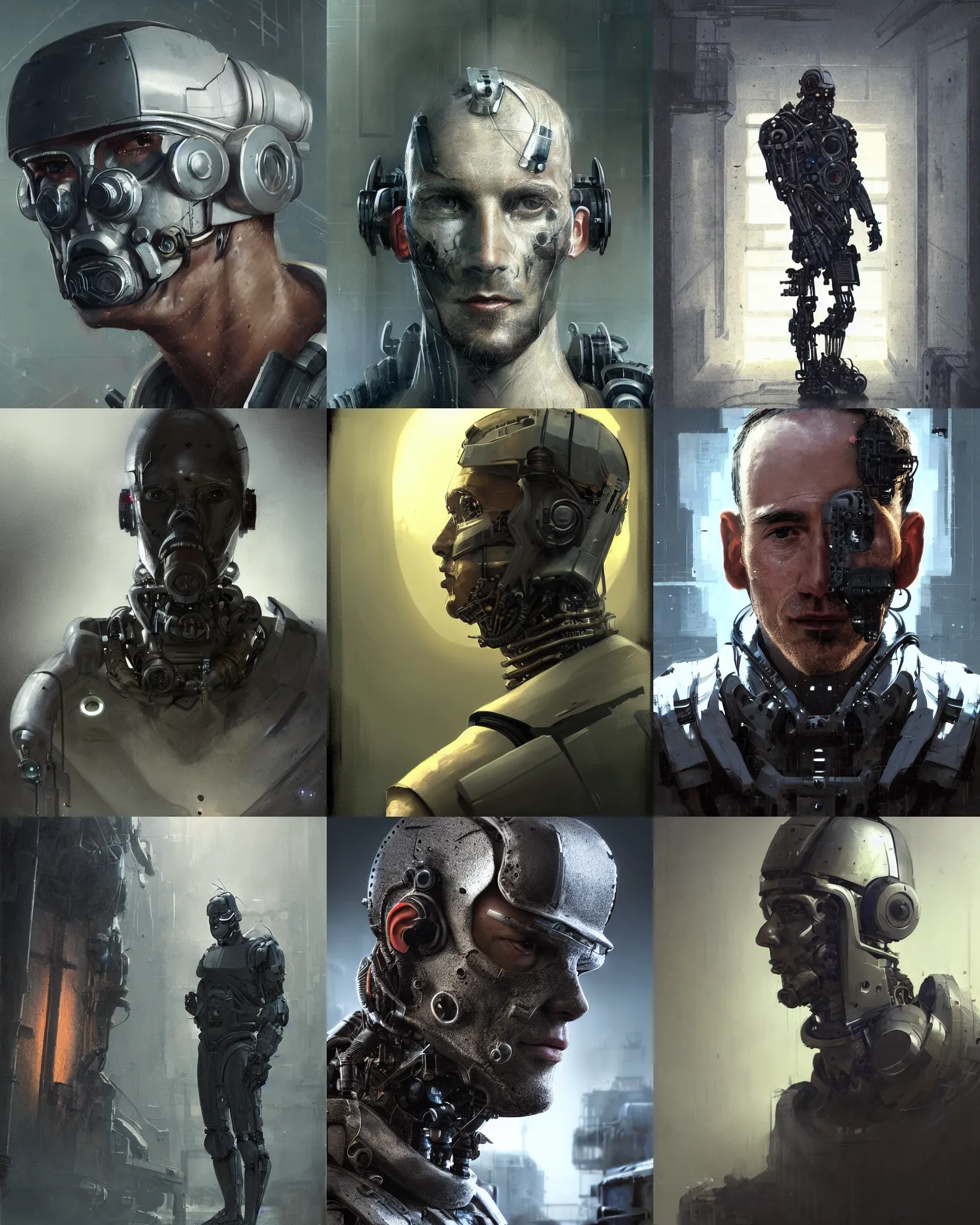 Prompt: a small half - masked rugged laboratory engineer man with cybernetic enhancements as seen from a distance, scifi character portrait by greg rutkowski, esuthio, craig mullins, 1 / 4 headshot, cinematic lighting, dystopian scifi gear, gloomy, profile picture, mechanical, cyborg, half robot, implants, dieselpunk