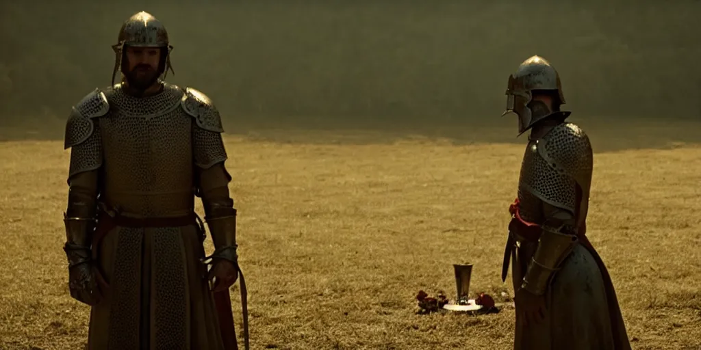 Image similar to film still of closeup a one knight stands on knee with a bloody heart in his outstretched hand by emmanuel lubezki