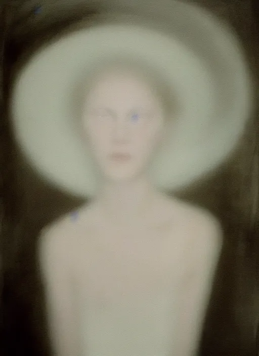 Prompt: out of focus photorealistic portrait of a beautiful!!! aesthetic!!! pale young woman by sarah moon, very blurry, translucent white skin, closed eyes, foggy