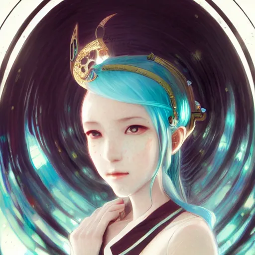 Image similar to portrait of hatsune miku, d & d, fantasy, intricate, elegant, highly detailed, digital painting, artstation, concept art, smooth, sharp focus, illustration, art by artgerm and greg rutkowski and alphonse mucha