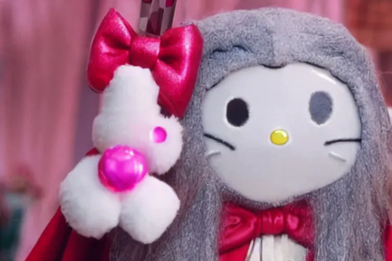 Prompt: portrait of Gandalf dressed up as hello kitty, smiling kindly, movie still from Lord of the Rings