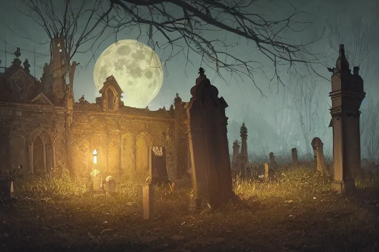 Image similar to an ultra detailed animation of a transparent ghost in a graveyard at midnight on halloween, digital art, dark fantasy, concept art, soulslike, by alphonse mucha, blood moon eclipse, ruined building in the background, artstation, 8 k, unreal engine render