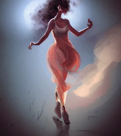 Image similar to Portrait of woman dancing, in the apocalyptic sunrise, countryside, dimly lit, wispy smoke, intricate, highly detailed, digital painting, artstation, concept art, sharp focus, illustration, art by manara