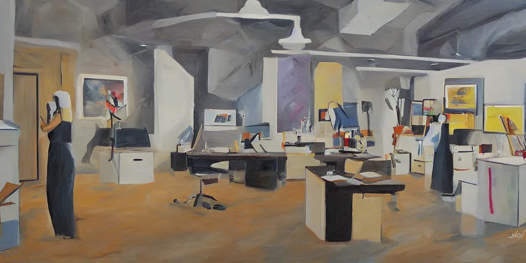 Image similar to painting gallery workplace, art style by joshy sly