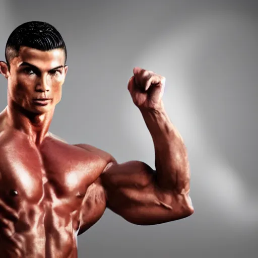 Image similar to a realistic detailed photo of a male android robot bodybuilder, cristiano ronaldo, shiny skin, posing, blank stare