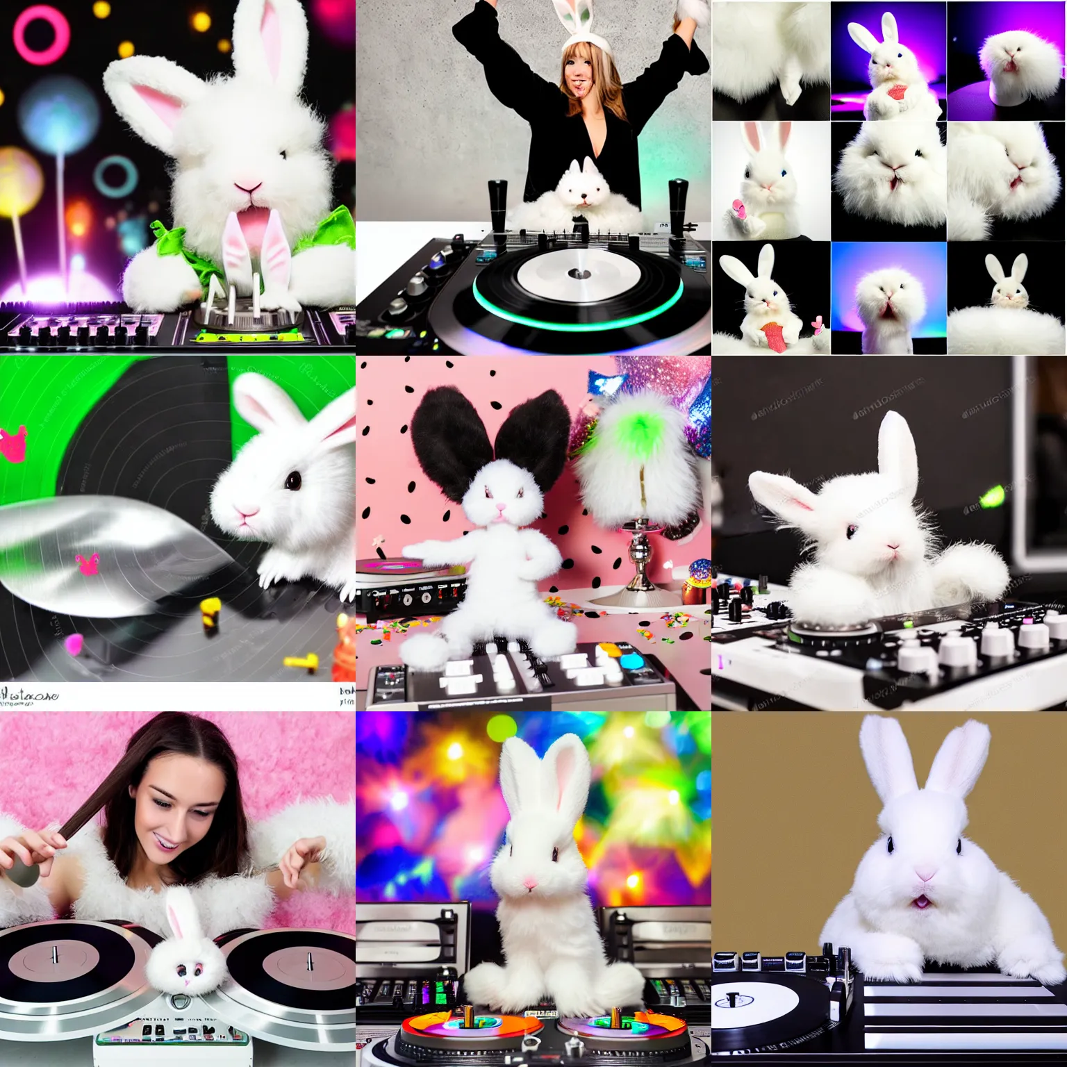 Prompt: happy super cute fluffy white bunny rabbit with a lizard party girl DJing with DJ turntables, photoreal