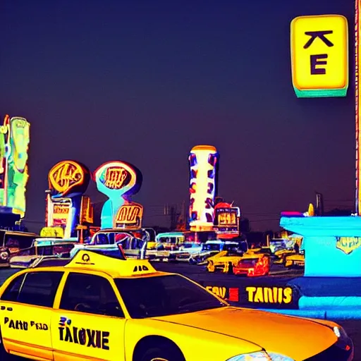 Image similar to taxi at neon gas station in space