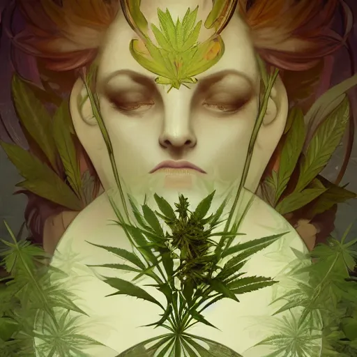 Prompt: a cannabis plant, bio vegetal concept art, by Peter Mohrbacher and Alphonse Mucha, chess, amazonia, detailed, style, 8k, trending on artstation, unreal engine 4k, detailed, clean background trending, full shot, symmetrical portrait, sophisticated, Unreal engine, dystopia, anti-utopia, post processing, psychadelic