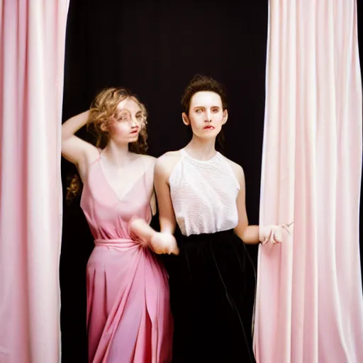 Image similar to over the shoulder photography of two female models behind white curtains in old victorian room, dramatic light, cinestill, flying black marble balls, filmstill, bokeh, long exposure, god rays, magic hour, pink light, warm colors