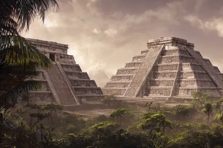 Image similar to Brutalist mayan temple in the jungle, beautiful dynamic lighting, cinematic, wide angle establishing shot, extremely high detail, photo realistic, cinematic lighting, post processed, concept art, artstation, matte painting, style by eddie mendoza, raphael lacoste, alex ross