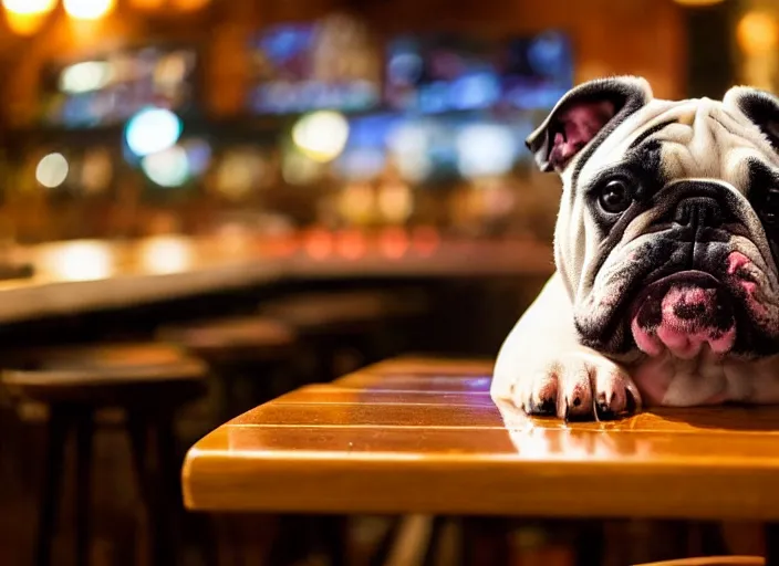 Image similar to a closeup, 4 5 mm, detailed photograph of a english bulldog drinking a beer on a bar - stool, sitting at a bar on a bar - stool, beautiful low light, 4 5 mm, by franz lanting