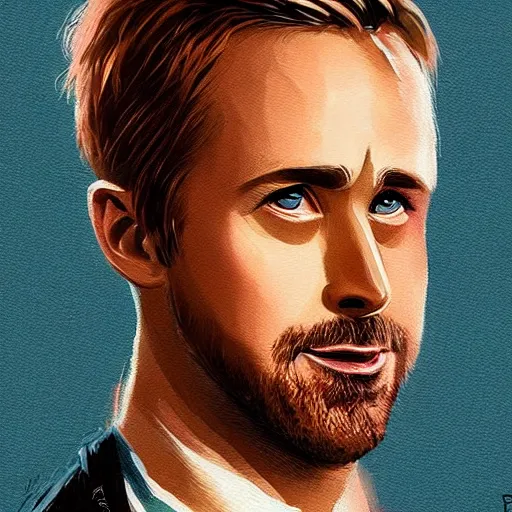 Image similar to “Portrait of Ryan Gosling by Greg Rutkowski, young, attractive, highly detailed portrait, scifi, digital painting, artstation, concept art, smooth, sharp foccus ilustration, Artstation HQ”