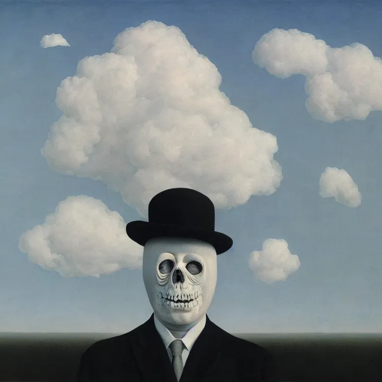 Image similar to portrait of a scary creepy ghost death, clouds in the background, by rene magritte, detailed painting, distance, middle centered, hd, hq, high resolution, high detail, 4 k, 8 k