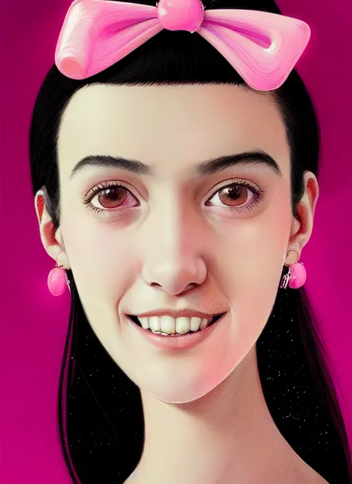 Image similar to portrait of high school girl, realistic, black hair, bangs, half updo hairstyle, pointy nose, skinny, smile, ugly, defined jawline, big chin, pink hair bow, earrings, intricate, elegant, glowing lights, highly detailed, digital painting, artstation, sharp focus, illustration, art by wlop, mars ravelo and greg rutkowski