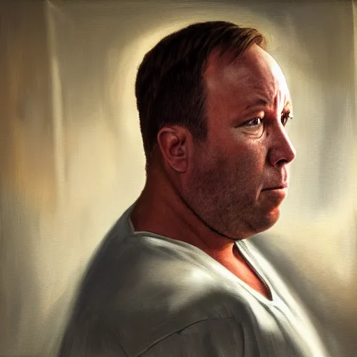 Prompt: Alex Jones crying in a prison cell, dark, dramatic lighting, oil painting, 4K