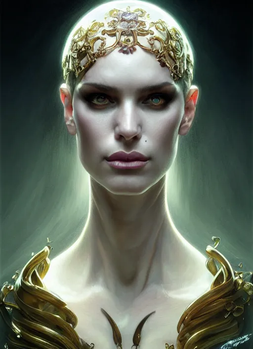 Prompt: preistess of the underworld, severe expression, crooked nose, shiny, intricate, elegant, highly detailed, ultra definition, digital painting, artstation, vray, concept art, smooth, high speed photography, illustration, art by artgerm and greg rutkowski and alphonse mucha and james jean