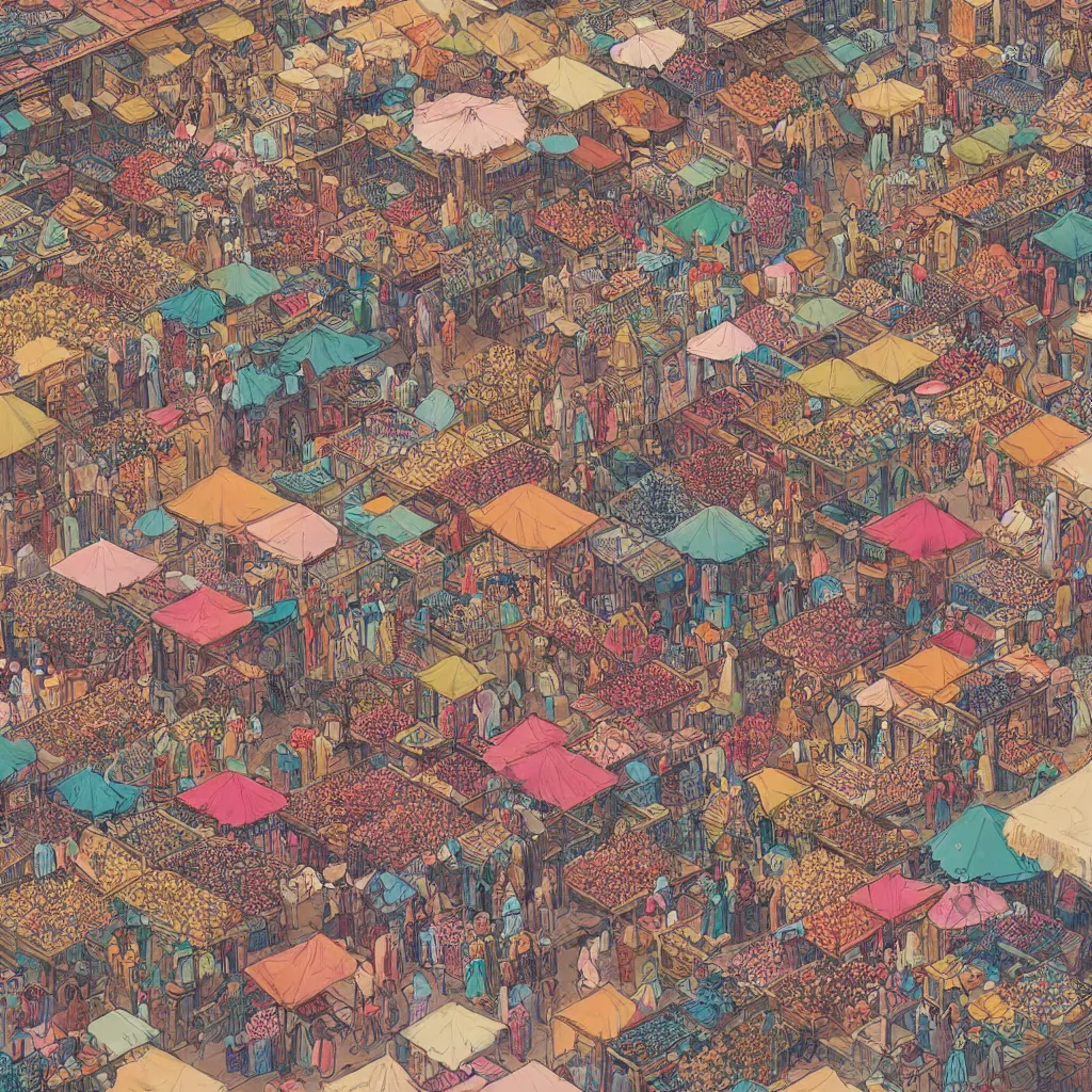 Image similar to isometric view illustration of a Souk in Marrakesh, highly detailed mid day by Victo Ngai