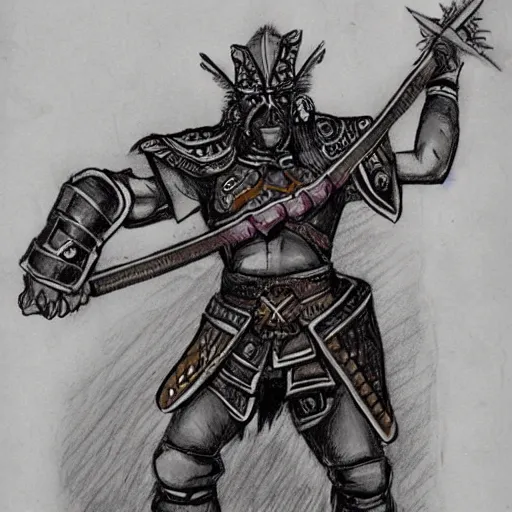 Image similar to a kislev warrior who is wearing iron gauntlets in the shape of bear claws in the style of warhammer fantasy : : head and shoulders drawing