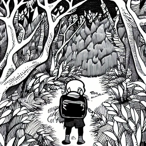 Prompt: mcbess illustration of a little boy with a blue backpack in a forest