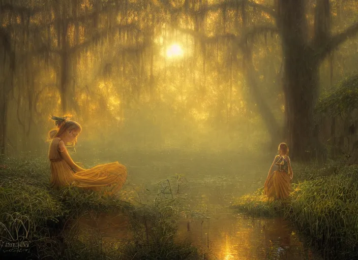 Image similar to misty swamp in early morning, hazy fog, sundown golden hour firefly wisps, Lilia Alvarado, Sophie Anderson, Mark Arian, Bob Byerley, Charlie Bowater, Mark Brooks, Steve Henderson, Justin Gerard, Arthur Hughes, Edward Robert Hughes, Mark Keathley, Victor Nizovtsev, Carlos Shwabe, Ross Tran, WLOP