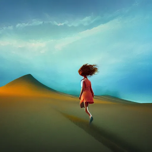 Image similar to closeup giant dahlia flower oder head, girl walking between dunes, surreal photography, sunrise, blue sky, dramatic light, impressionist painting, digital painting, artstation, simon stalenhag