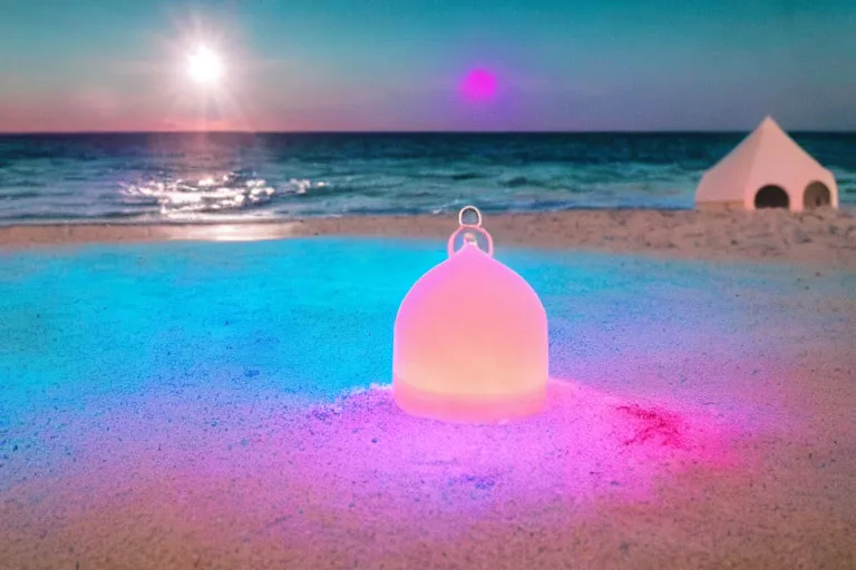 Image similar to a vintage family holiday photo of an empty beach from an alien dreamstate world with chalky pink iridescent!! sand, reflective lavender ocean water and a pale igloo shaped plastic transparent bell tent next to firepit with open blue flame. refraction, volumetric, light.