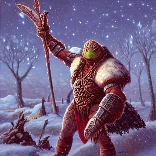 Prompt: anthropomorphic turtle barbarian humanoid, carapace, tim hildebrandt, blizzard, winter, night, furs, fantasy