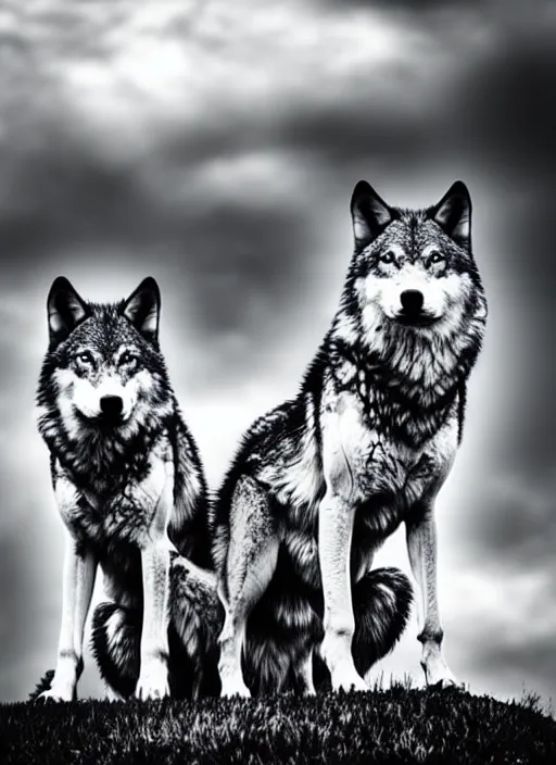 Image similar to two wolves black and white portrait white sky in background