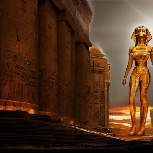 Image similar to a beautiful intricate epic futuristic epic scene of the cyber sphinx of giza, cinematic lighting