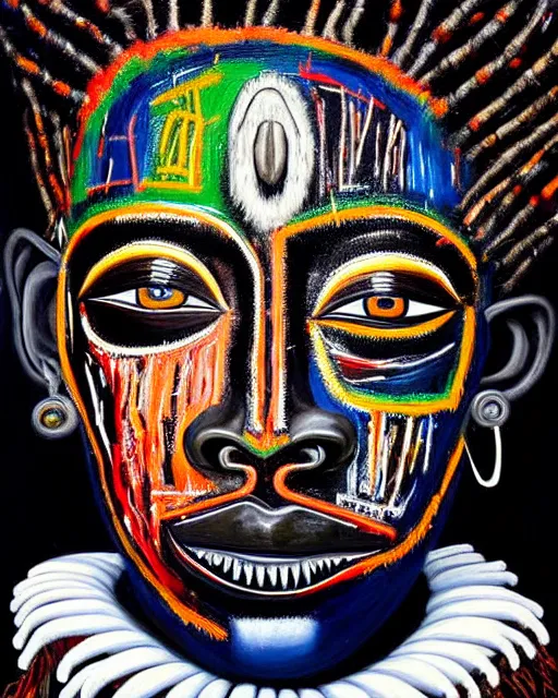 Image similar to A extremely ultra highly detailed majestic hi-res beautiful immaculate head and shoulders award winning painting stunning masterpiece of the face of a ultra highly detailed black African voodoo mask portrait by Jean-Michel Basquiat, 8k, high textures, ultra hyper sharp, insanely detailed and intricate, super detailed, 8k HDR ultra high quality, high detail, hyperrealistic, photorealistic, octane render, cinematic, high textures, hyper sharp, 4k insanely detailed and intricate, hypermaximalist, 8k, hyper realistic, super detailed, realistic, 4k HDR hyper realistic high