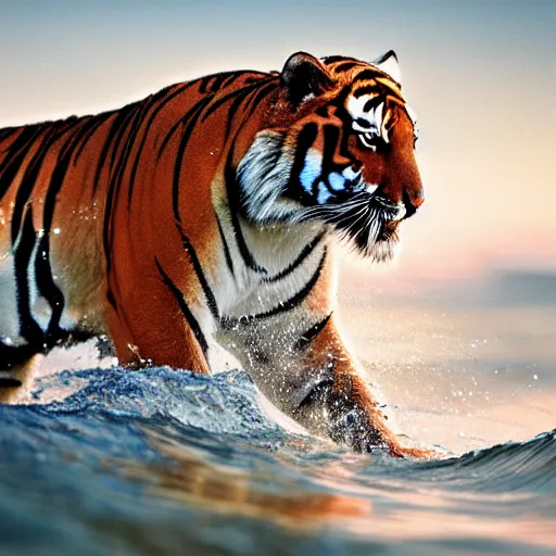 Prompt: a closeup photorealistic photograph of a cute tiger kangaroo hybrid splashing in the surf during sunset. professional capture, well lit shot. this 4 k hd image is trending on artstation, featured on behance, well - rendered, extra crisp, features intricate detail, epic composition and the style of unreal engine.