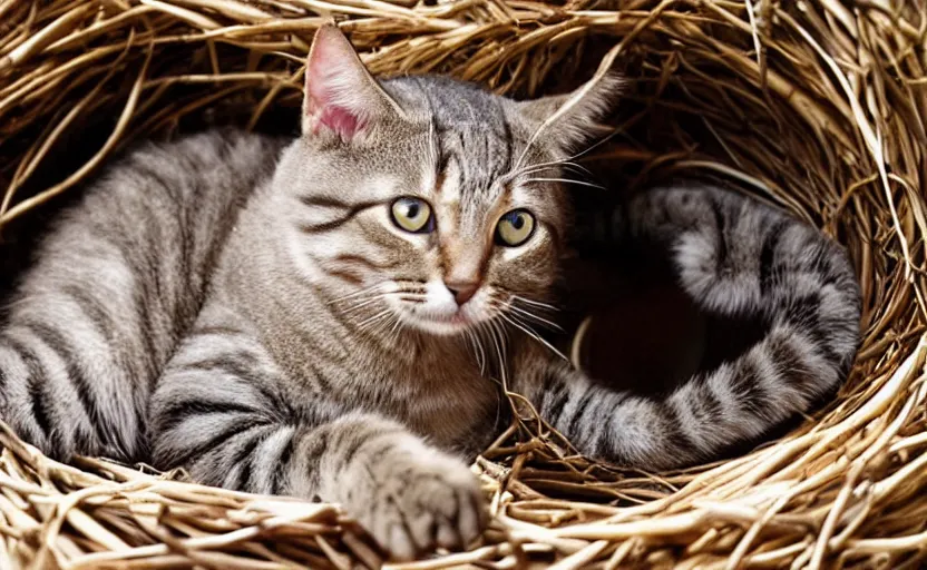 Prompt: david attenborough explaining the life of cats, showing off a small cat in a big birds nest, shorthair cat, eggs. national geographic, strange, photorealistic