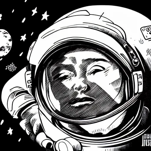 Prompt: astronaut drifting in space staring back at the earth in the style of mcbess