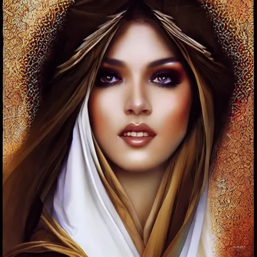 Image similar to a beautiful arabian woman wearing a white kaftan by karol bak, ayami kojima, artgerm, arabian beauty, blue eyes, smile, concept art, fantasy