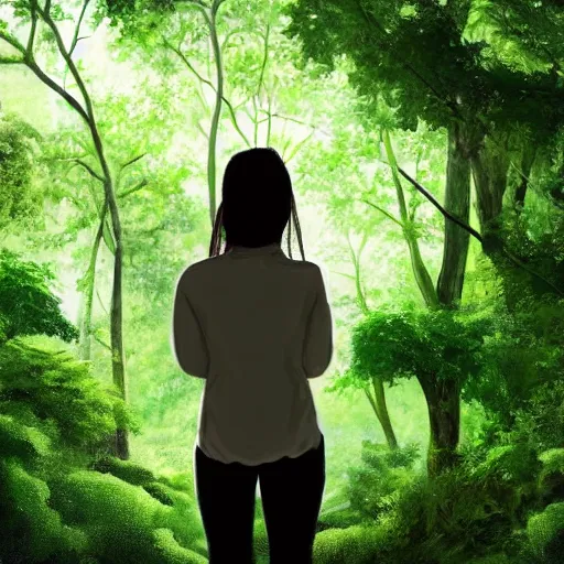 Image similar to a girl looking out over a lush green forest