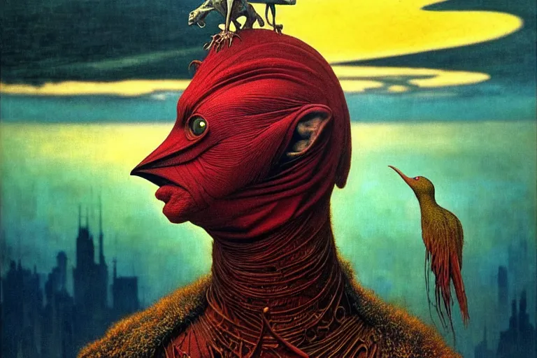 Image similar to realistic detailed portrait movie shot of a birdman wearing a dark robes, sci fi city landscape background by denis villeneuve, amano, yves tanguy, alphonse mucha, ernst haeckel, max ernst, roger dean, masterpiece, rich moody colours, dog teeth, blue eyes, sunset