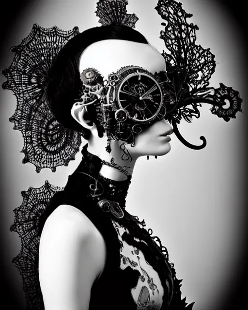 Image similar to surreal dark poetic black and white photo portrait of complex bio-mechanical beautiful young silver female vegetal-cyborg with a Mandelbrot fractal steampunk metal fine lace face, a very long neck and a fine metal floral foliage super big lace collar by Vivienne Westwood:: smoke, high fashion, haute couture, rococo, steampunk, avant-garde, silver filigree details, anatomical, facial muscles, cable wires, microchip, elegant, dreamy, foggy atmosphere, hyper realistic, 150 mm lens, soft rim light, octane render, unreal engine, picture was taken in 1910 by Man Ray, volumetric lighting, dramatic light,8k,