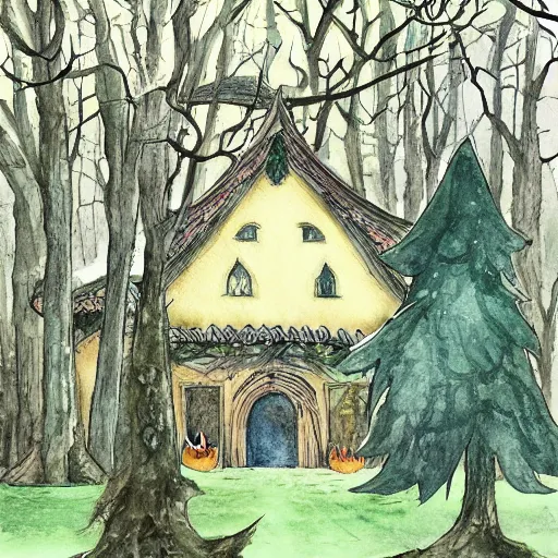 Image similar to the hall in the castle decorated for halloween hayao miyazaki in a small clearing among trees, watercolor illustration for a book