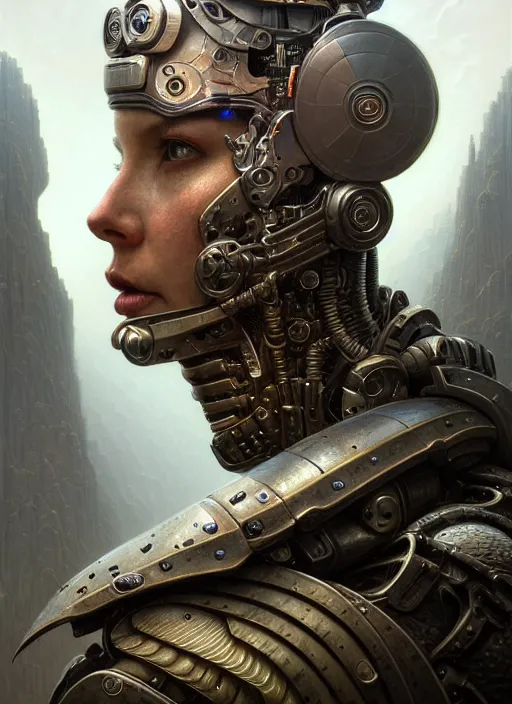 Image similar to closeup portrait shot of a cyborg soldier in a scenic dystopian environment, intricate, elegant, highly detailed, centered, digital painting, artstation, concept art, smooth, sharp focus, illustration, artgerm, tomasz alen kopera, peter mohrbacher, donato giancola, joseph christian leyendecker, wlop, boris vallejo