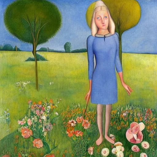 Image similar to moonstone earthy by boris grigoriev. a land art of a young girl with blonde hair, blue eyes, & a pink dress. she is standing in a meadow with flowers & trees.